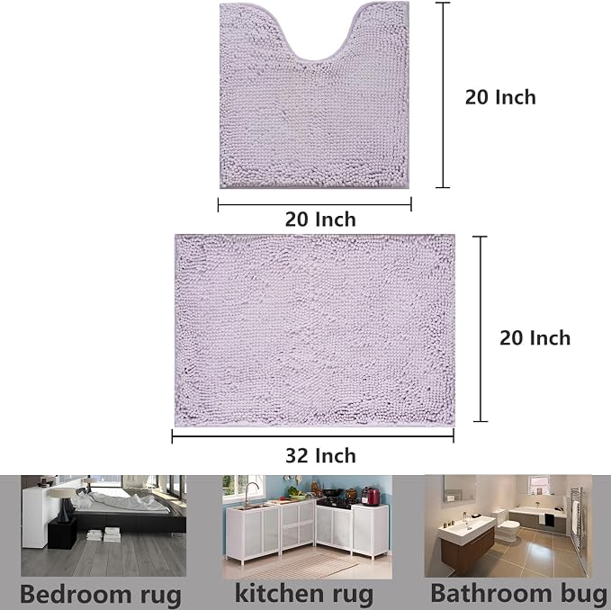 Bathroom Rugs Chenille, Extra Thick and Absorbent, Non-Slip, Machine Washable, Dry Quckily, Soft Cozy Plush, Used Under Shower Bathtub and Sink, Bath Mat Sets Lavender
