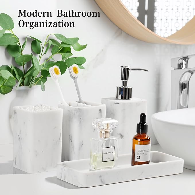 YMXYJM Bathroom Accessories Set, 4 Piece Toothbrush Holder Set Marble White | Bathroom Accessory Set with Soap Dispenser, Toothbrush Holder, Tumbler, Vanity Tray, Bathroom Sink Set for Modern Home Decor