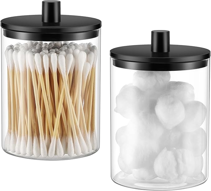 Glass Qtip Holder Dispenser - 10 oz Clear Canister Apothecary Jar, Bathroom Vanity Storage Organizer Set for Cotton Swabs, Pads, Floss Picks, Small Containers for Makeup Storage (2 Pack, Black)