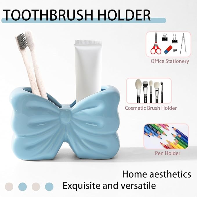 Bow Toothbrush Holder， 2-Slot Toothbrush and Toothpaste Holder Cute Toothbrush Holder Set, Bathroom Counter Organizer for Bathrooms, Floss, Razors - Blue