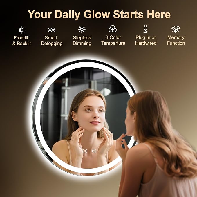 24 Inch Round LED Bathroom Mirror with Lights, Circle Lighted Vanity Mirror | Smart Anti-Fog, Dimmable 3 Color Modes, Backlit+Frontlit, Memory Function, HD Tempered Glass, Touch Sensor