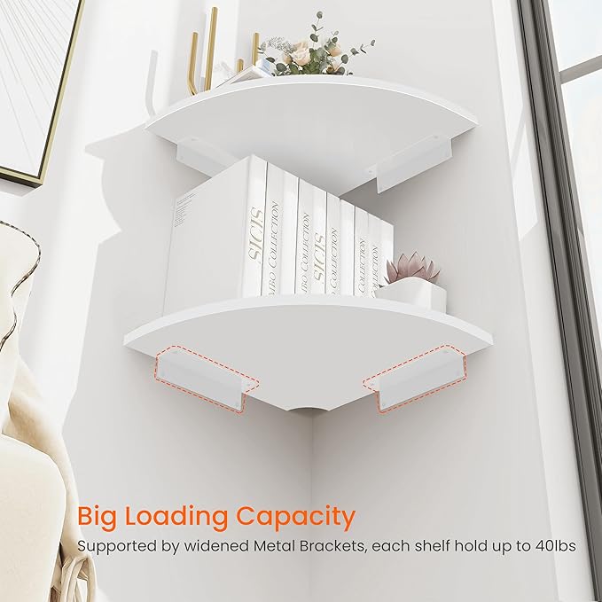 Homode Corner Floating Shelves, Set of 4 Round Corner Shelf Wall Mount with Cord Hole, 12 Inch Wood Curved Corner Hanging Shelf for Cable Box, Speaker, TV Cords, Books, Plants, White