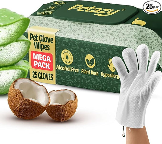 Pet Glove Wipes for Dogs & Cats - Paws, Ears & Butt Cleaning, 25 pk | Lavender, Grooming Glove, Deodorizing, Tear-Resistant, Thick, Hypoallergenic, Aloe & Coconut Oil for sensitive skin, No Rinse