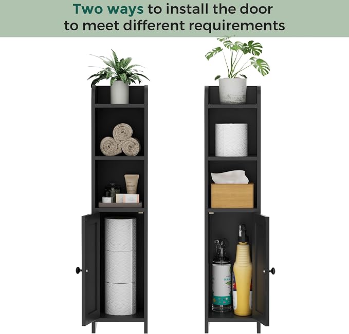 Homhedy Small Bathroom Storage Corner Floor Cabinet with Door and Shelves, Beside The Toilet Paper Stand for Skinny, Narrow Toilet Paper Cabinet, 7.9" D x 7.1" W x 31" H, Black
