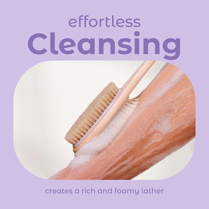 MainBasics Back Scrubber Shower Brush, Lavender, Long Handle | Dual Sided Body Brush, Exfoliating Bristles and Soft Bristles, Back Scrubbing, Deep Cleaning