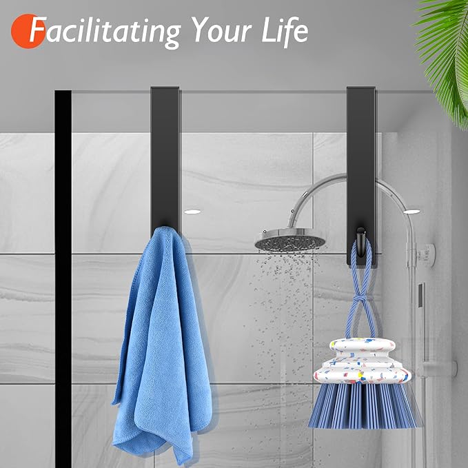 Kontoyo Shower Door Hooks(7.5 Inch),Extended Over Door Hooks for Bathroom Frameless Glass Shower Door,Stainless Steel Towel Hooks,Heavy Duty Rack Hooks for Robe,Towel-4 Pack-Black