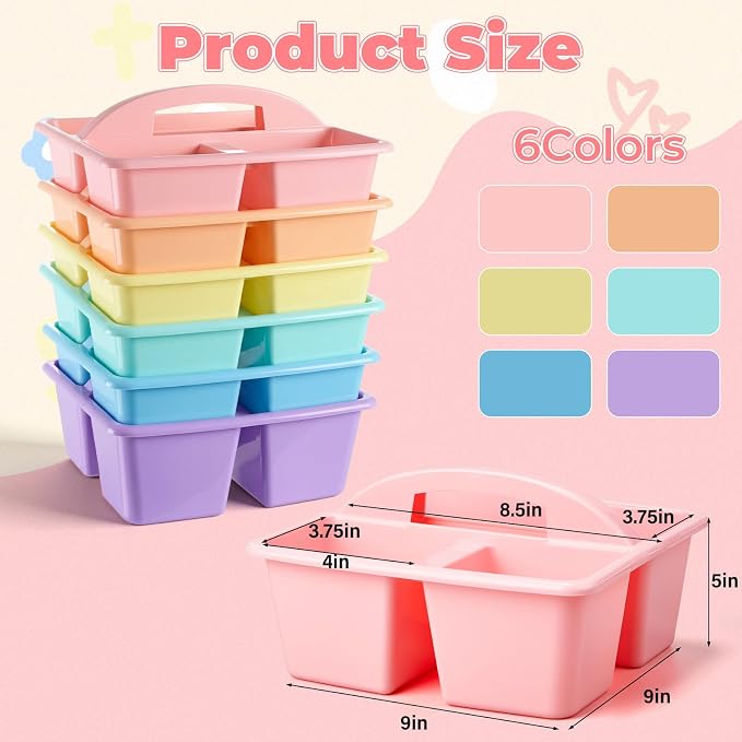 Kathfly 6 Pack Classroom Caddy Organizer with Handle, Plastic Art Craft Cleaning Caddy Bulk, Small Multipurpose Supply Organization Storage Basket for Table Desk Office Pencil Teacher (Macaron Color)
