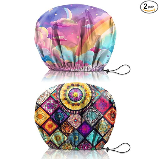 2 PCS Shower Cap Reusable Waterproof Double Layers Hair Caps Shower Bath Adjustable Elastic Hat for Women Girls Cute Aesthetic-Pink Cloud Mandela