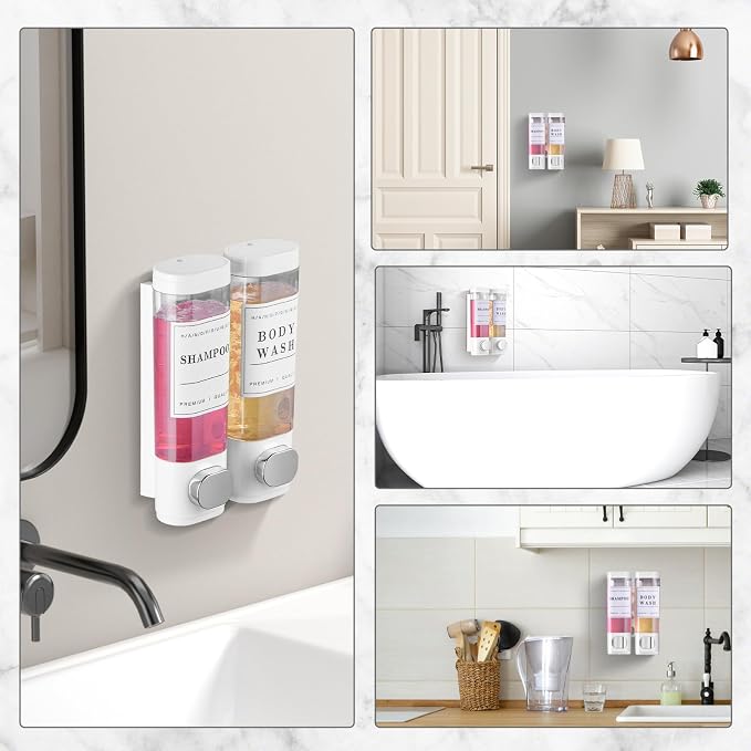 Shampoo and Conditioner Dispenser Bathroom Shower Soap Dispenser Wall Mounted Shampoo Dispenser for Shower Wall No Drill 2 * 300ml White 2 Chamber with Waterproof Labels Self
