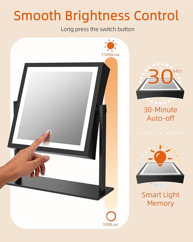 Ruacq Makeup Mirror with Lights, Dual Sided 1X/10X, Matte Black | 8",4000mAh Rechargeable, Magnifying Mirror with 3 Color Lights,Touch Control Dimmable, 360° Rotation, Square, Gift for Women