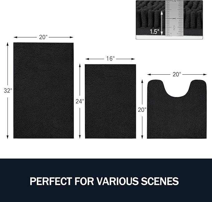 LINLA 3 Pieces Bathroom Rug Set, Absorbent Non Slip Chenille Bath mat | Absorbent Thick Plush Chenille Carpet Mats Set,Washable Dry Quickly with U-Shaped Toilet Mat for Tub, Shower