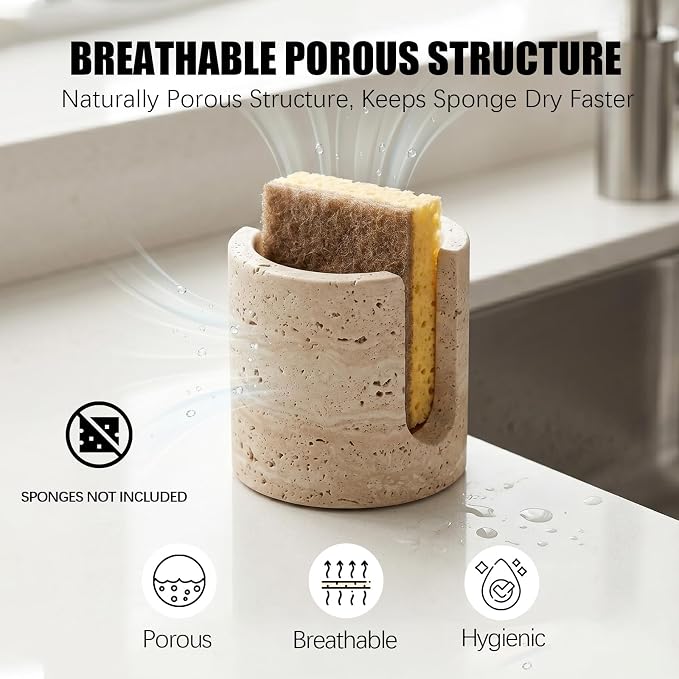 Luxury Natural Travertine Sponge Holder for Kitchen Sink, Minimalist Wabi-Sabi Hand-Carved Stone Sponge Caddy, Heavy Duty Quick Dry Marble Sink Organizer - Unique Housewarming & Wedding Gift