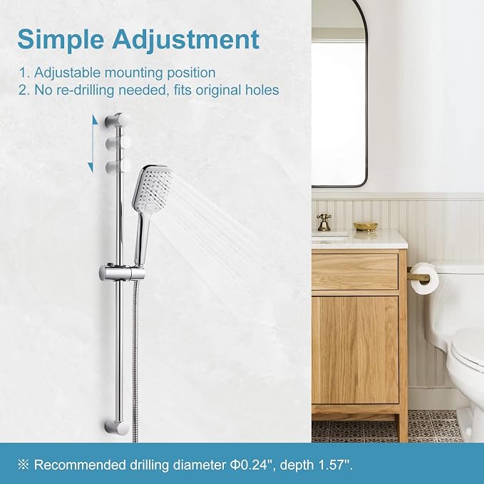 OFFO Shower Slide Bar Combo, Adjustable 31 in Slide Bar with 3-Mode Square Handheld Shower Head and 60 in Stainless Steel Hose, Screw Wall Mounted, Chrome Finish
