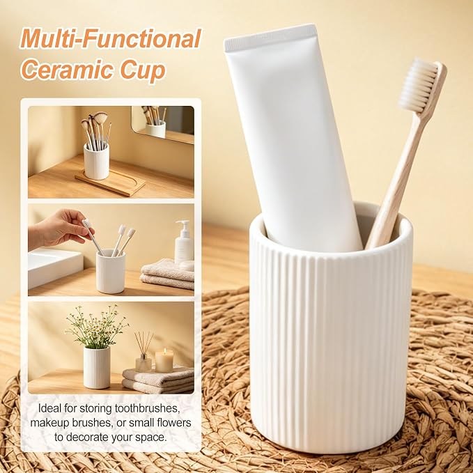 RETON 3 PCS Ceramic Bathroom Accessories Set with Natural Bamboo Tray-White | Included Hand Soap Dispenser, Toothbrush Cup and Bamboo Tray, Fits Bathroom Countertop, Bath Countertop Decor Organizer