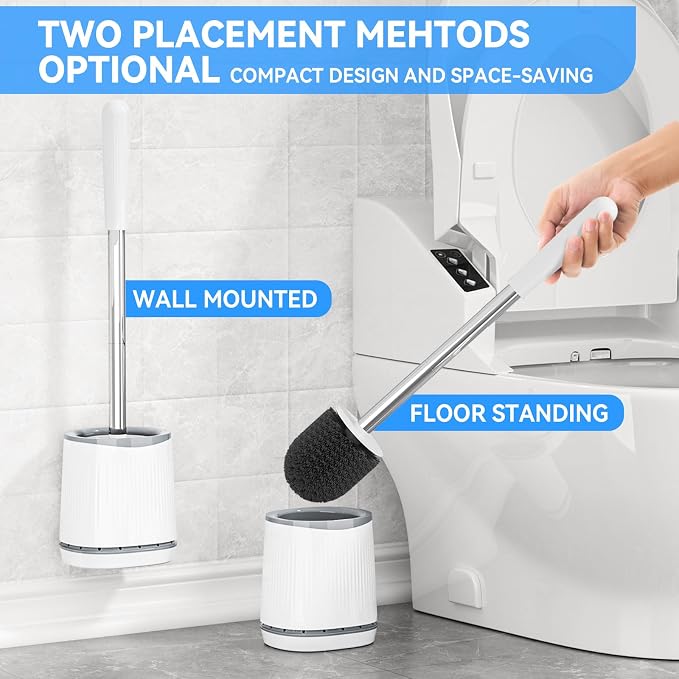 TRENTI Toilet Brush and Holder Set - Bristles Bowl Brush Head with Ventilated Holder, Wall Mounted Compact Set for Bathroom Deep Cleaning