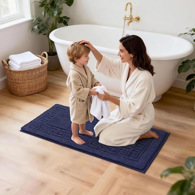 Pauwer Bathroom Rugs Sets 3 Piece, Plush Absorbent Bath Rug, Navy | Microfiber Bath Mat Set, Non Slip Washable, Quick Dry Floor Carprt, Soft U Shaped Toilet Mats For Bathroom Shower Sink