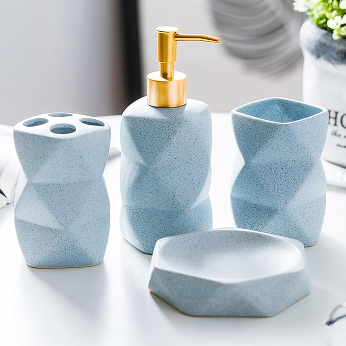 Bathroom Accessories Set - 4-Piece Ceramic Bathroom Set | Soap Dispenser, Toothbrush Holder, Tumbler, Soap Dish, Modern Blue Home Decor, Gift Idea for Housewarming