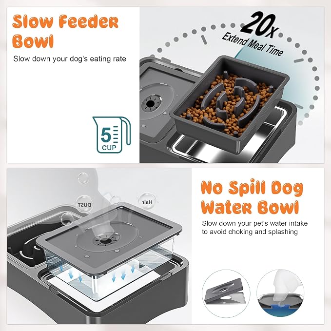 Decflow 3-in-1 Elevated Dog Bowls with 4 Height Adjustable Raised Stand | 304 Stainless Steel No Spill Water Bowl, Slow Feeder Dog Bowls, DIY Stickers, Pet Feeder Set for Small, Medium & Large Dogs