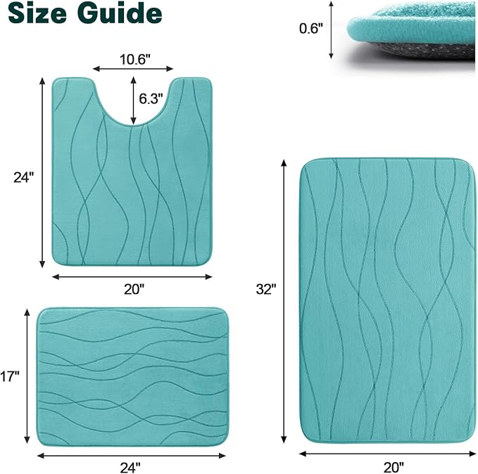 Bathroom Rugs Set 3 Piece, Memory Foam Bath Mat Teal | Ultra Soft, Absorbent, Non-Slip, Machine Washable, for Bathroom, Sink and Toilet