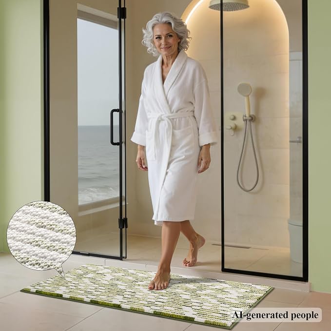 BSICPRO Bathroom Rugs Sets 2 Piece, Modern Bath Mat 20"x47"+20"x32", Sage | Loop Pile Chenille, Non Slip TPR Rubber Backing, Abstract Stripe, Soft Thick Absorbent Washable, Runner Rug for Bathroom