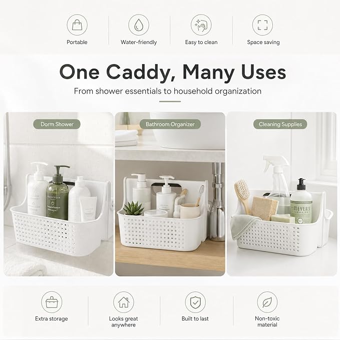 Haundry Portable Shower Caddy Basket, 2 Compartments Plastic Cleaning Caddy Organizer, Large Storage Tote with Handle for Bathroom, College, Dorm Room Essentials, White