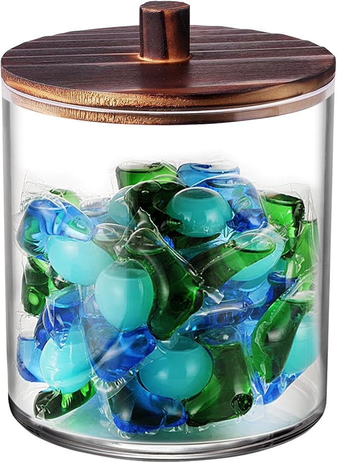 SheeChung 1 Pack 50 Oz Dark Wood Lid Large Apothecary Jar - Rustic Farmhouse Laundry Room Decor - Container for Bathroom Organization - Clear Storage Canister for Scent Beads & Salts