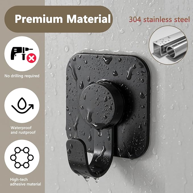 Aikzik 4 Pack Large Heavy Duty Wall Hooks - 26lb Max, Stainless Steel Adhesive Towel Hooks for Hanging Towel, Coat, Robe, Sticky Towel Holder for Wall Mount in Bathroom, Kitchen, Shower, Door - Black