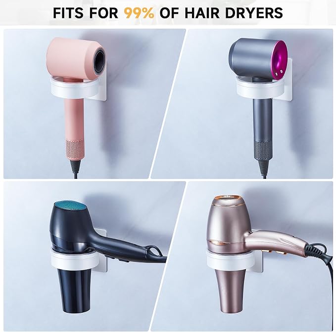 Hair Dryer Holder Wall Mounted, Blow Dryer Holder, Hair Tool Organizer for Hair Dryer Storage Hanger, Adhesive Hairdryer Holder for Bathroom Barber Shop (White)