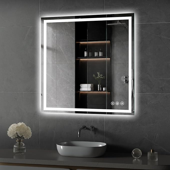 Koonmi 32x32 LED Bathroom Mirror with Light, Anti-Fog, 3 Colors | Backlit + Front Lit, Dimmable Brightness, Shatterproof HD Distortion-Free Tempered Glass, Hardware Included