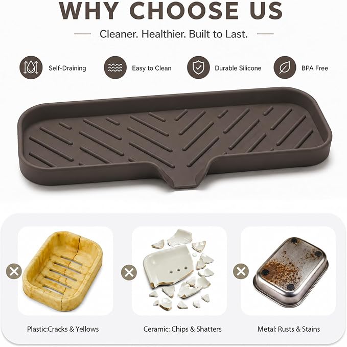 MicoYang Silicone Soap Dish with Drain Spout — Self-Draining Double Sink Organizer Tray for Kitchen & Bathroom, Dispensers, Sponges & Soap Holder, Non-Slip & Dishwasher Safe, Coffee (Large, 12"×4")