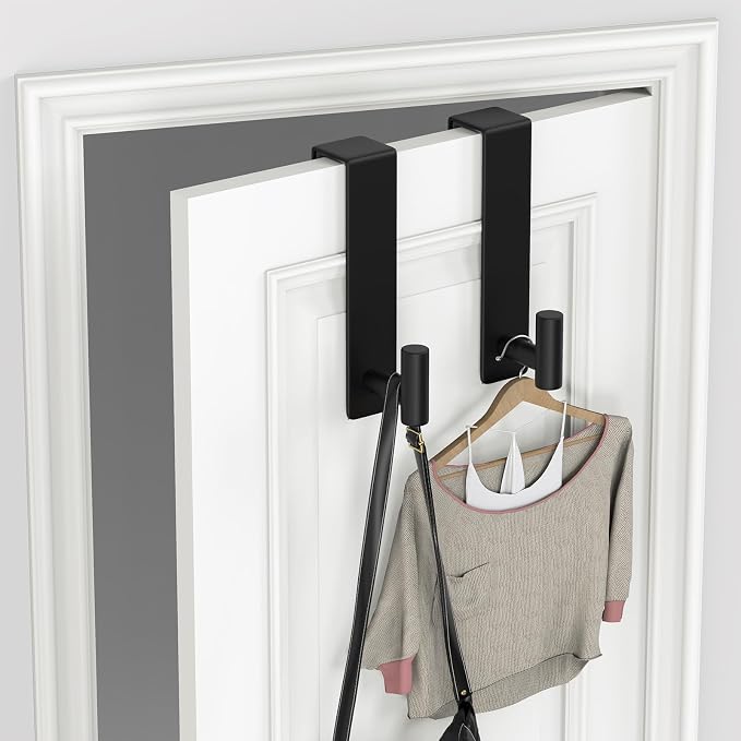 HUFEEOH Over The Door Hooks 2-Pack, Heavy Stainless Steel Coat & Towel Rack, No Drilling Scratch-Free Over Door Hanger Dorm Essentials Bathroom Accessories, Fits 1-3/4" Doors (Black) (T Shape)