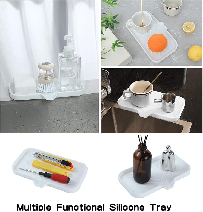MicoYang Silicone Soap Dish with Drain Spout — Self-Draining Sink Organizer Tray for Bathroom & Kitchen, Sponges, Dispensers & Soap Holder, Non-Slip & Dishwasher Safe, White (Medium, 9.6"×5.3")