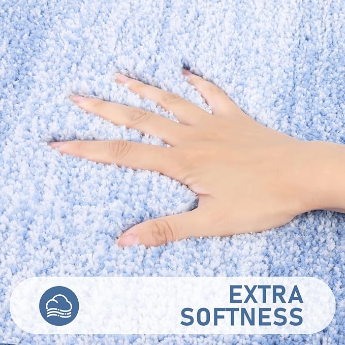 Bsmathom Bathroom Rug Set 5 Piece, Plush Microfiber Bath Mat, Light Blue | Extra Water Absorbent, Non Slip Washable Runner Bath Rugs with Toilet Lid Cover and U-shaped Contour Toilet Mat
