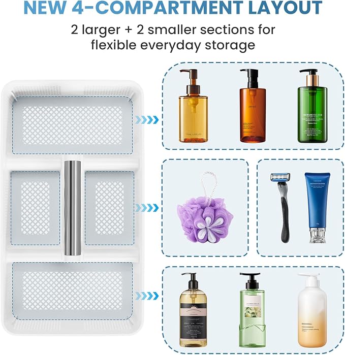 BYUNER 2Pack Plastic Shower Caddy: Portable Shower & Bathroom Caddy Tote with Handle, 4 Divided Compartments, Hard Plastic Shower Basket with All-Side Drainage for College Dorm Room Essentials