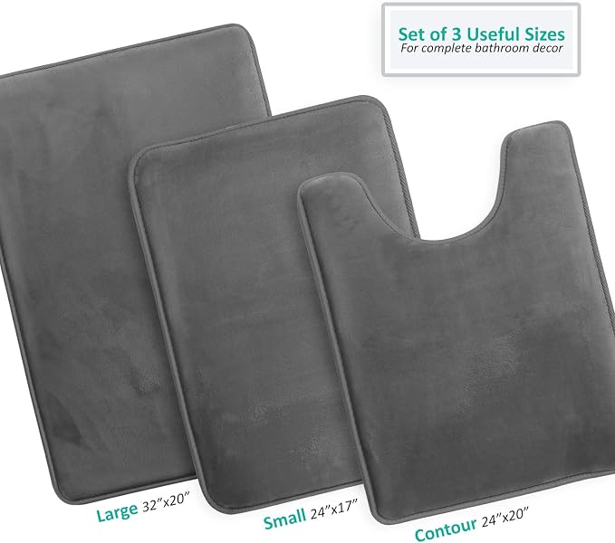 Clara Clark 3 Piece Bathroom Rugs Bath Mat Set, Velvet Memory Foam Bath Mats for Bathroom - Non-Slip, PVC Backing Bath Rugs, Washable - Dries Quickly, Grey