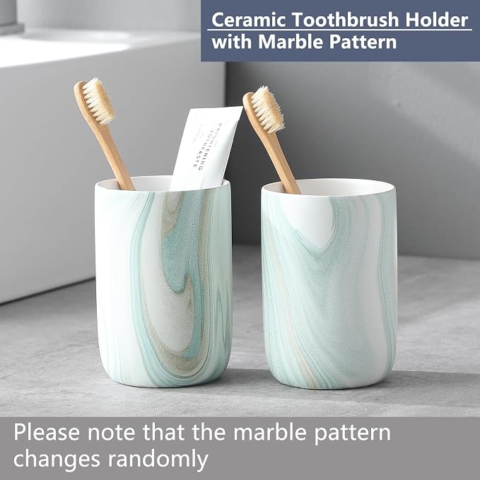 Green Marble Toothbrush Holder - Ceramic Toothbrush Holder for Bathroom, Toothbrush Toothpaste Holder, Marble Bathroom Tumbler Cups Reusable Toothbrush Mouthwash Cup, Bathroom Counter Organizer