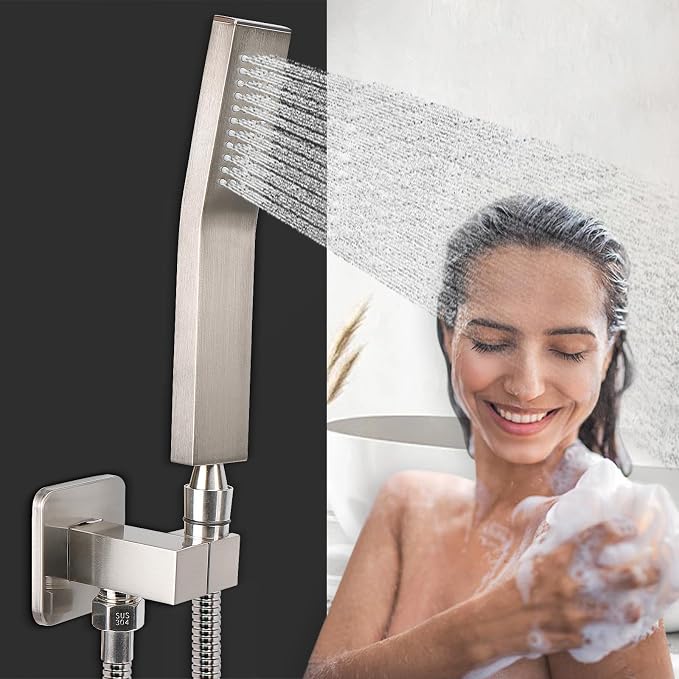 NearMoon Wall Supply Elbow with Handheld Shower Holder - Square Shower Bracket with Flange G1/2 Shower Hose Connector, Wall Mounted Drop Union Male Water Outlet (Brushed Nickel)