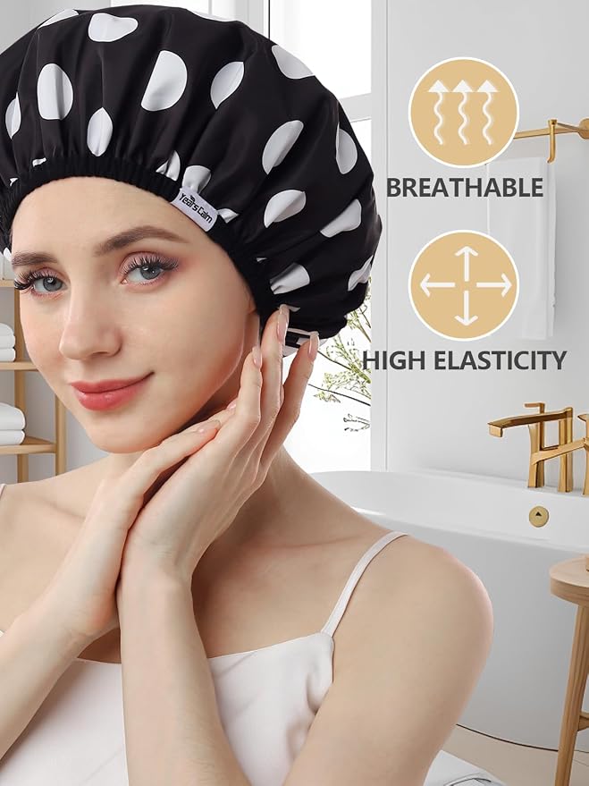 Years calm Shower Caps for Women Reusable Waterproof Double Layer Hair Cap | Both Sides Usable, Reversible Pattern & Solid Color Design, Soft Elastic Keeps Hair Dry for shower Spa Travel
