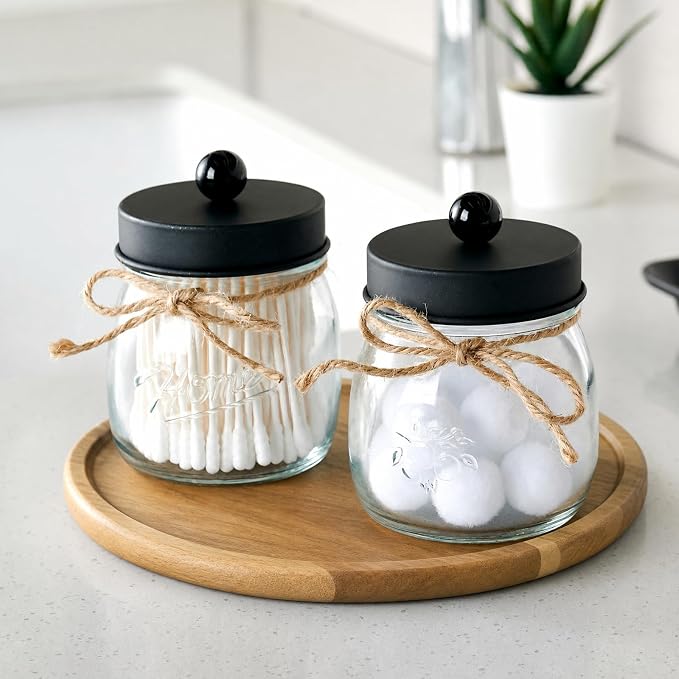 SheeChung 4 Pack Apothecary Jars with Lids, Bathroom Organizers and Storage, Qtip Holders Set, Bathroom Decor, Small Mason Jars for Q-tips, Cottons, Floss, Balls, Cotton Swabs-Black