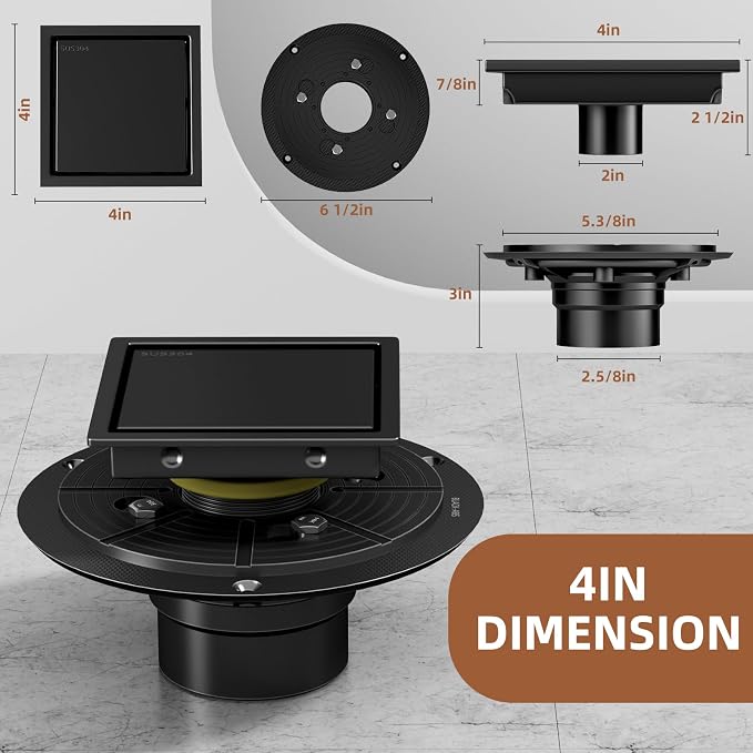 4 Inch Square Black Shower Drain Kit with Flange & Lifting Hook, Modern Floor Drain with 2-in-1 Cover Tiled Insert Grate, Stainless Steel SUS 304 (Matte Black, 4 Inch)