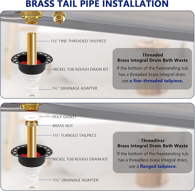 Freestanding Tub Drain Rough-in Kit, Bathtub Drain Kit with PVC Adapter & Brass Tail Pipes,Free Standing Tub Drain Kit, Suitable for All Freestanding Bathtub, Floor-Mounted, and Copper Bathtubs