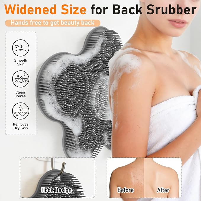 Shower Foot Scrubber Mat Silicone Back Exfoliating Cleaner, Feet Message Bath Washer Pad with Suction Cups for Wall Non-Slip - Itchy Toes Dead Skin Beauty Deep Clean Soft Bristles 14.2 * 11.2in Grey