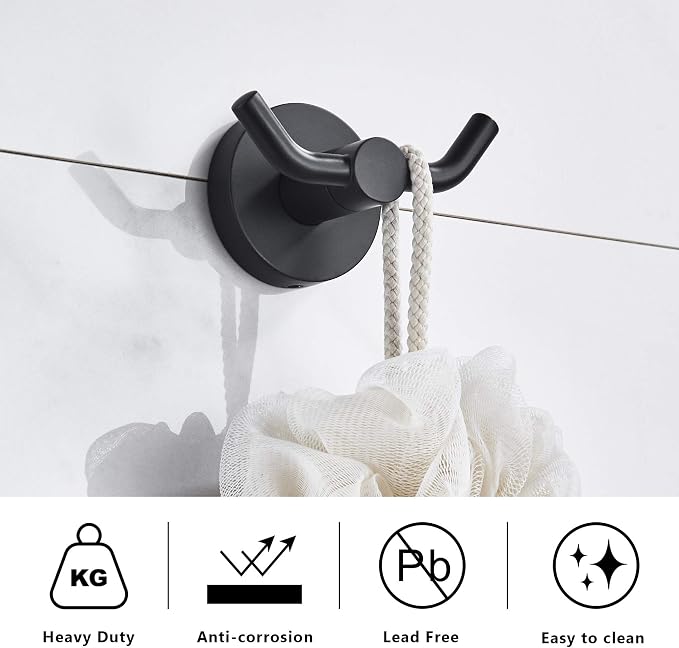 MARMOLUX ACC - 2pack Black Bathroom Hooks for Towels | Modern Black Hooks, Double Robe & Towel Hooks Ideal as Bathroom Towel Holder, Shower Wall Hook, Kitchen Hand Towel Holder