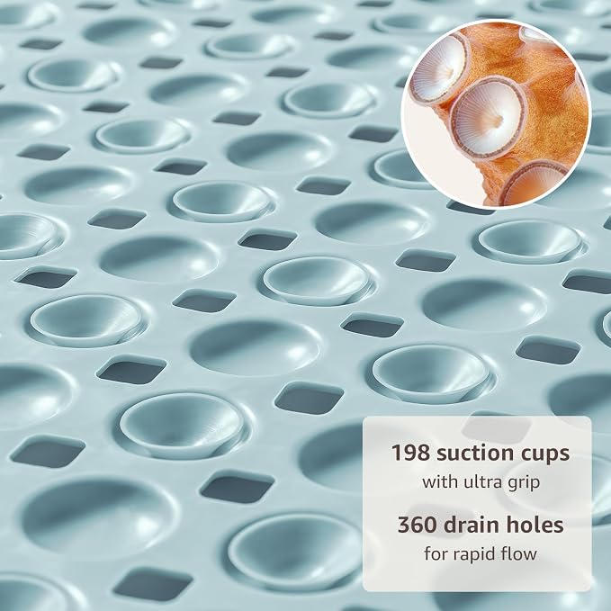 OTHWAY Bath Tub Shower Mat Non Slip, Bathtub Floor Liner Mats for Inside Shower Bathroom, Suction Cups and Drain Holes for Feet Scrubbing, Machine Washable, Soft on Feet, 35x16 Inch, Light Blue