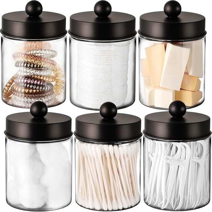 Amolliar Acrylic Apothecary Jar Bathroom Qtip Holder Bronze 6 Pack | for Bathroom Storage Vanity , Countertop, Farmhouse Style, Holds Cotton Swabs, Dental Floss, Makeup Sponges,Home Decor