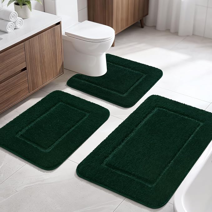 LOCHAS Bathroom Rug Set, Bath Rugs Sets 3 Piece Non Slip, Hunter Green | Washable Absorbent Microfiber Bath Mat Set, Soft Cozy Bathroom Mat for Shower Sink Toilet