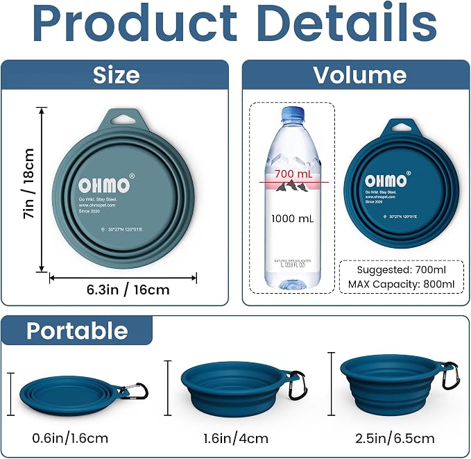 Large Collapsible Dog Bowls, Steel Rim, 27oz, 2pcs, Dark&Light Blue | Portable Pet Water&Food Bowl, BPA-Free Silicone, Foldable, Hiking&Camping Travel Gear, Stable Shape, Easy-Clean