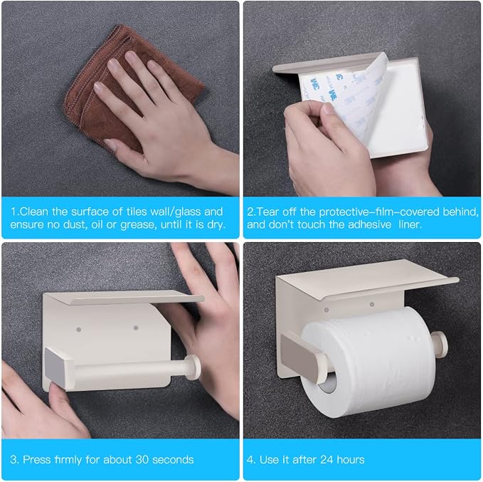 VAEHOLD Self Adhesive Toilet Paper Holder with Phone Shelf SUS 304 Stainless Steel Wall Mounted Toilet Paper Roll Holder - Rustproof and Bathroom Washroom Tissue Roll Holder with Shelf -Beige