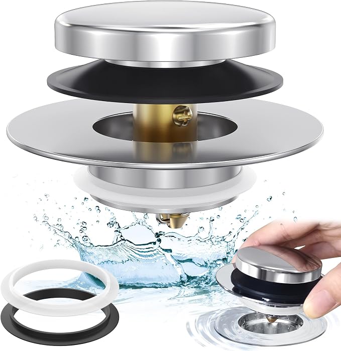 Chrome Plated Universal Tip Toe Tub Stopper and Water Stopper, Pop Up Bathtub Drains Plug, Bathroom Bath Tub Drain Stoppers, Replaces Lift and Turn, Tip-Toe and Trip Lever drains for Tub, EZ Install