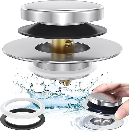Chrome Plated Universal Tip Toe Tub Stopper and Water Stopper, Pop Up Bathtub Drains Plug, Bathroom Bath Tub Drain Stoppers, Replaces Lift and Turn, Tip-Toe and Trip Lever drains for Tub, EZ Install